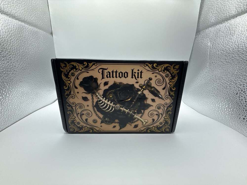 Professional Tattoo Kit with Steampunk Rose and Skeleton Design Box